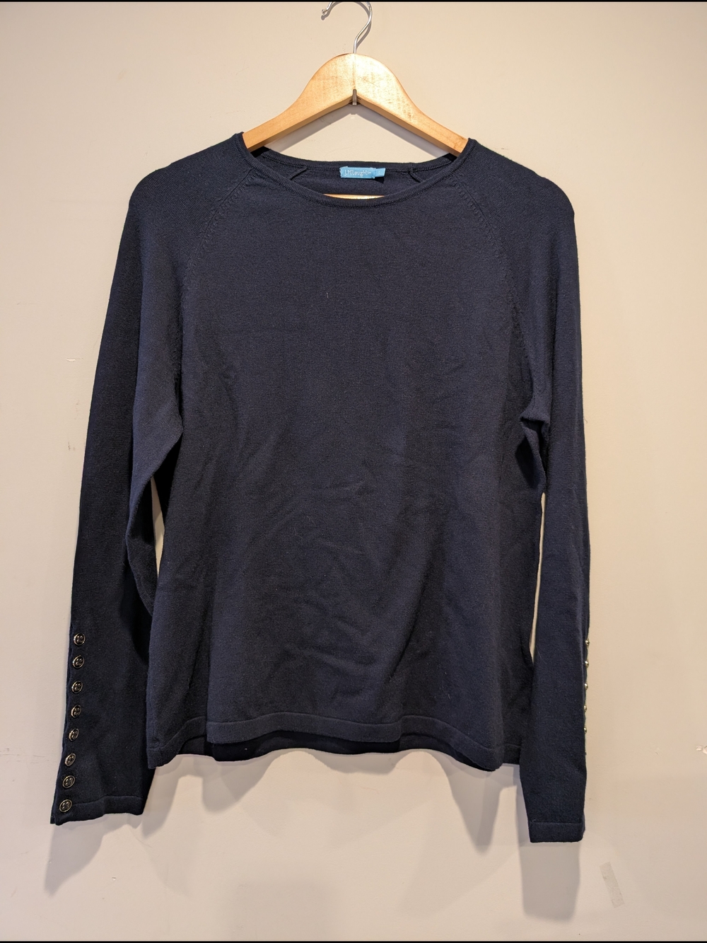 J. McLaughlin Navy Long-Sleeve Crewneck Cuff Buttons Sz L Coastal Preppy Classic